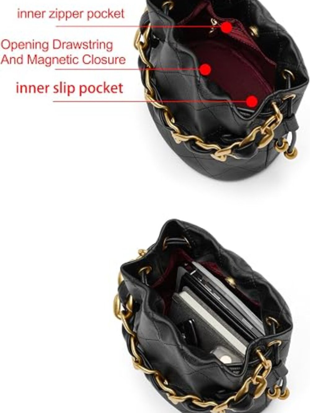 Designer Top Handle Bucket Bag, Women's Small Leather Crossbody | Mini Top Handl - Picture 5 of 5